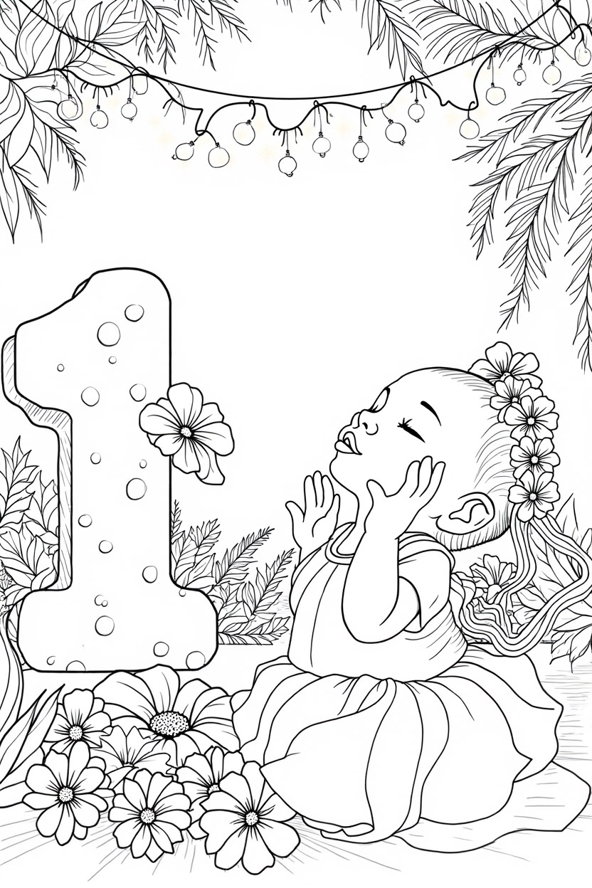 babies first birthday portrait photoshoot coloring page