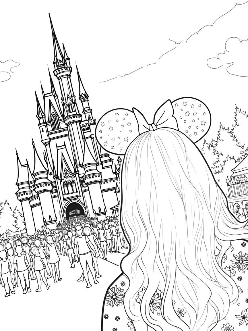family trip to disney world in the magic kingdom coloring page