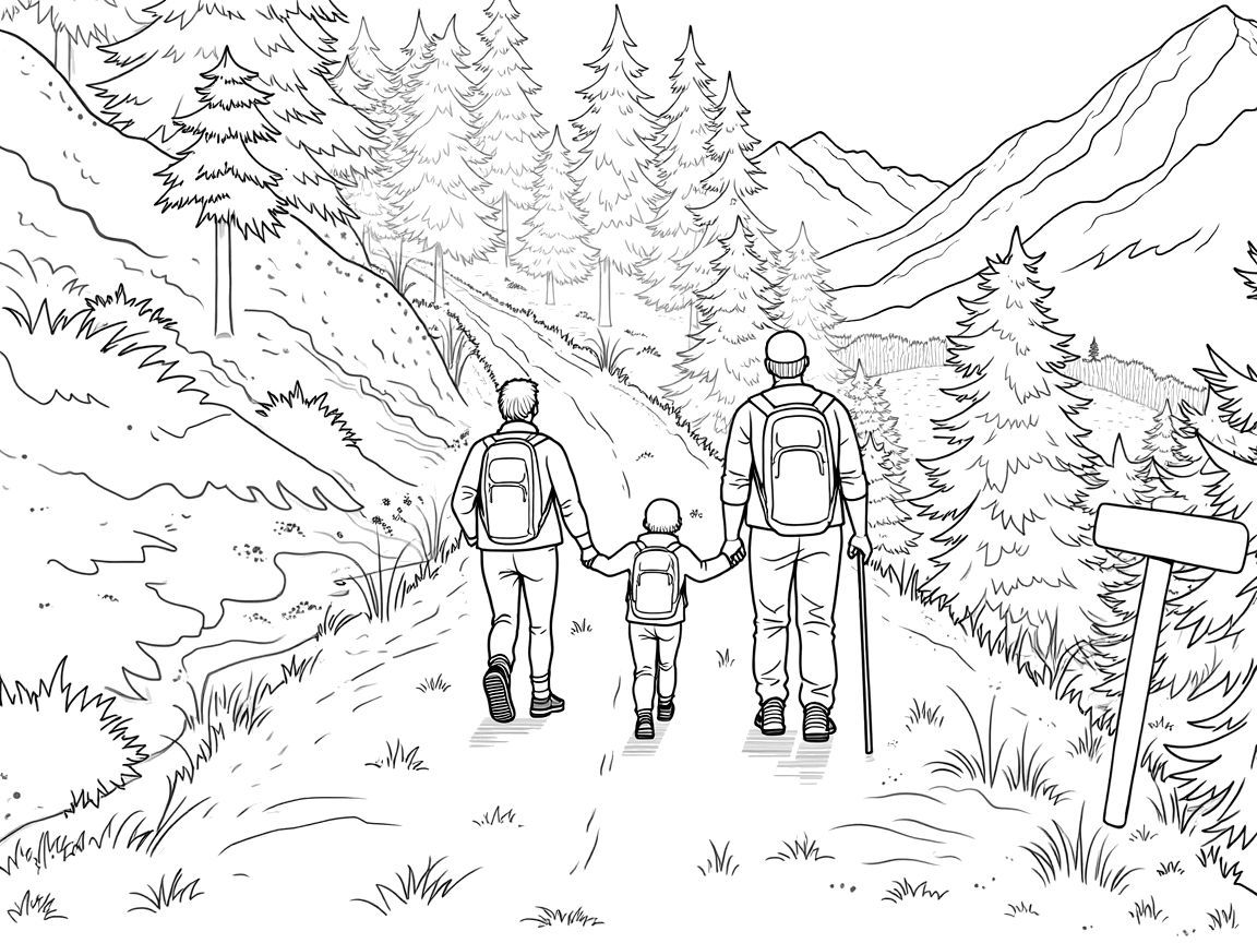 family hike in the mountains coloring page