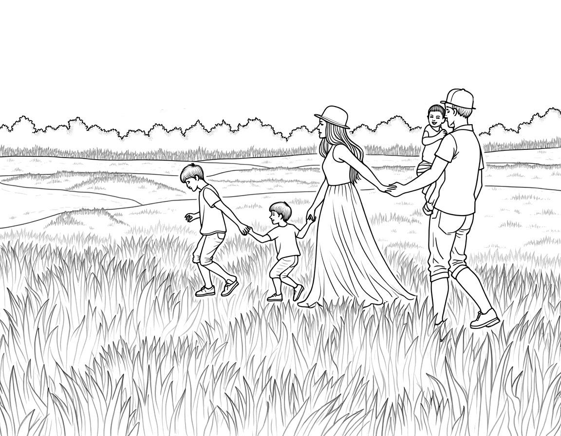 family portrait in a field coloring page