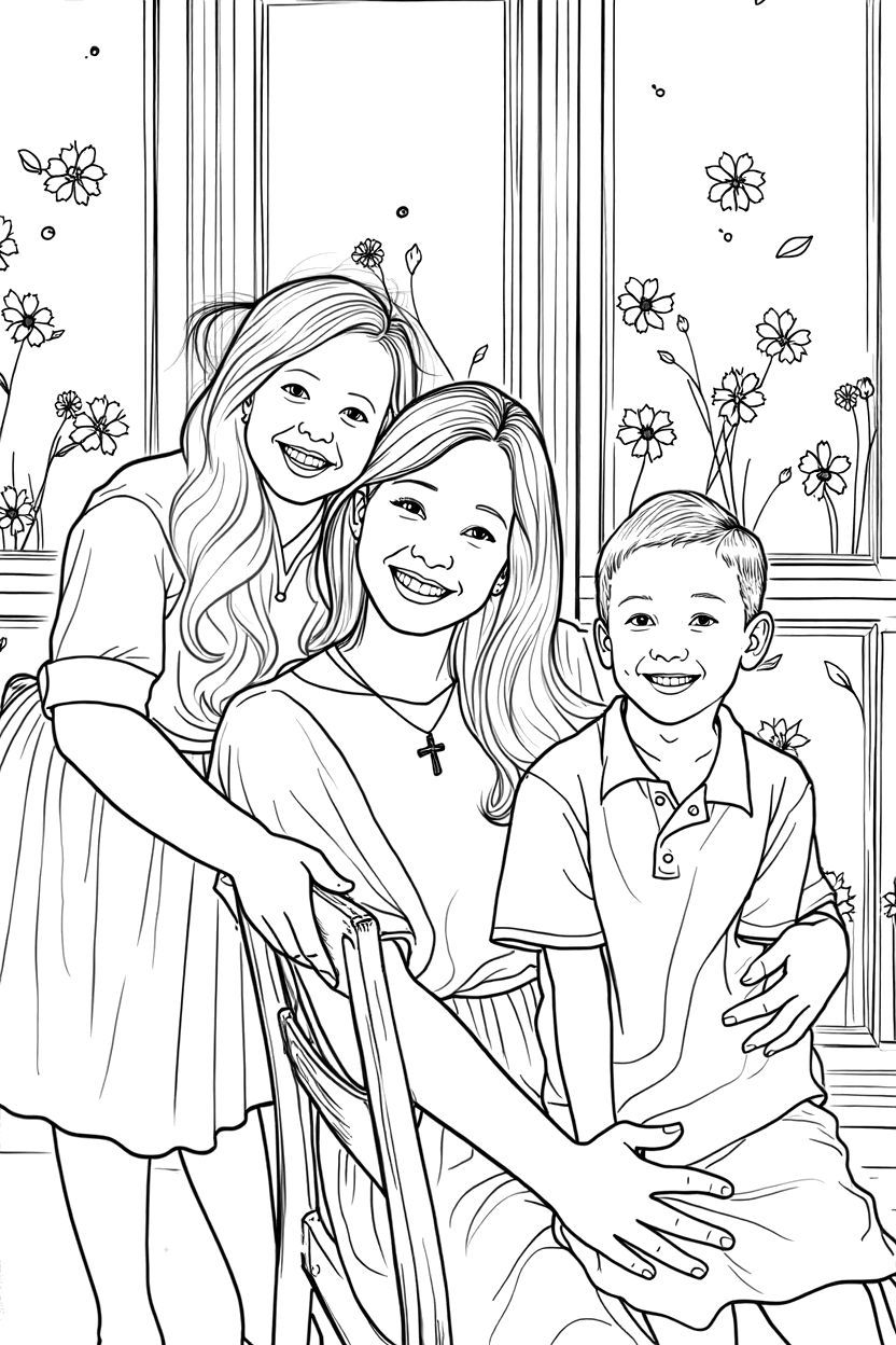 family portrait mom with kids coloring page