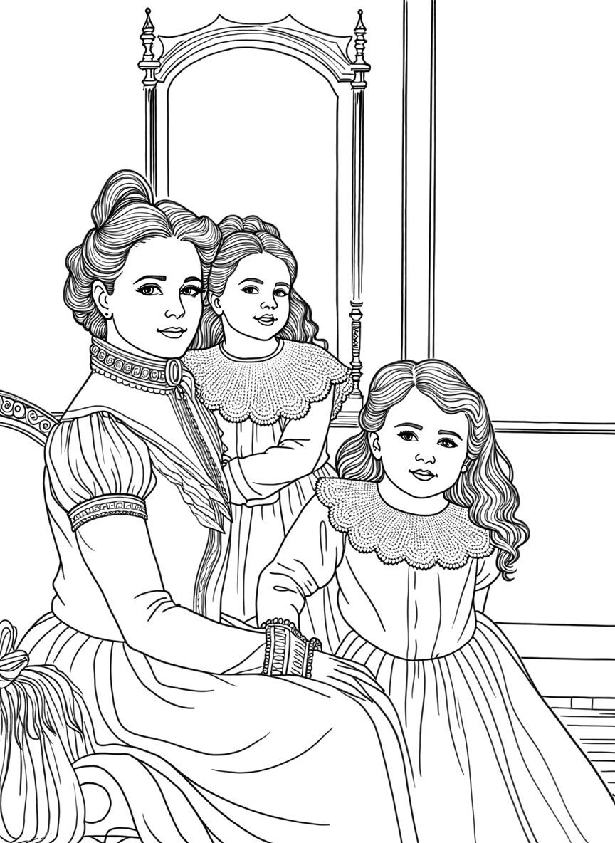 old photo of family portrait with mom and kids coloring page