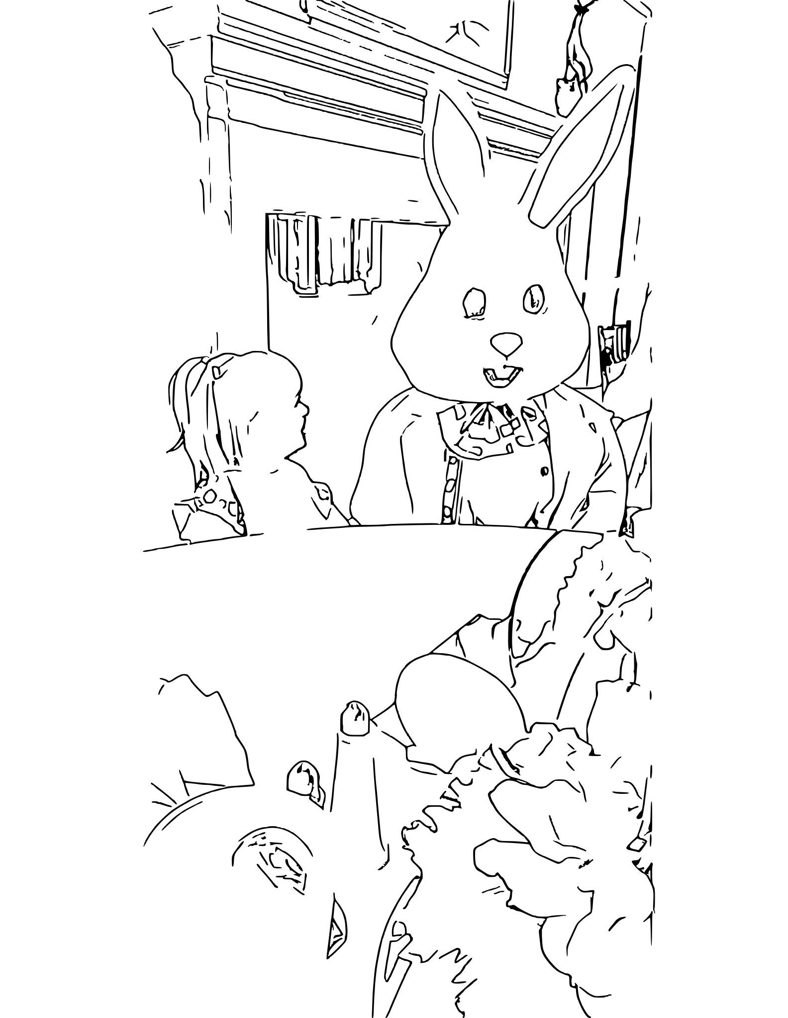 a toddler and the easter bunny at brunch coloring page