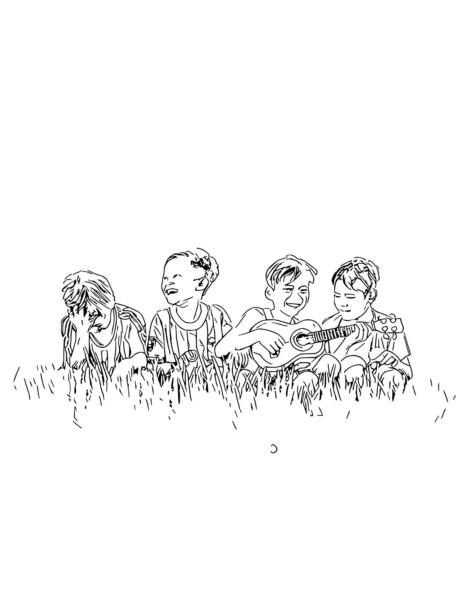 four children playing a guitar and playing in high grass coloring page